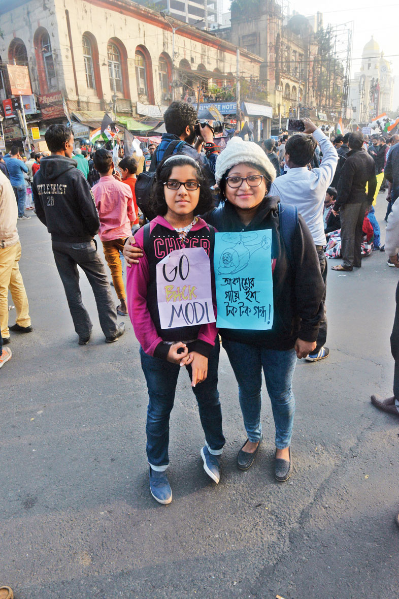 Raya Debnath, a freelance writer, had come with her niece Rupkatha. Debnath was working in New York but came back a year ago because she wanted to “live in her own country”. “This is not the India I had left. The divisive policies of the government have to be stopped at any cost,” she said