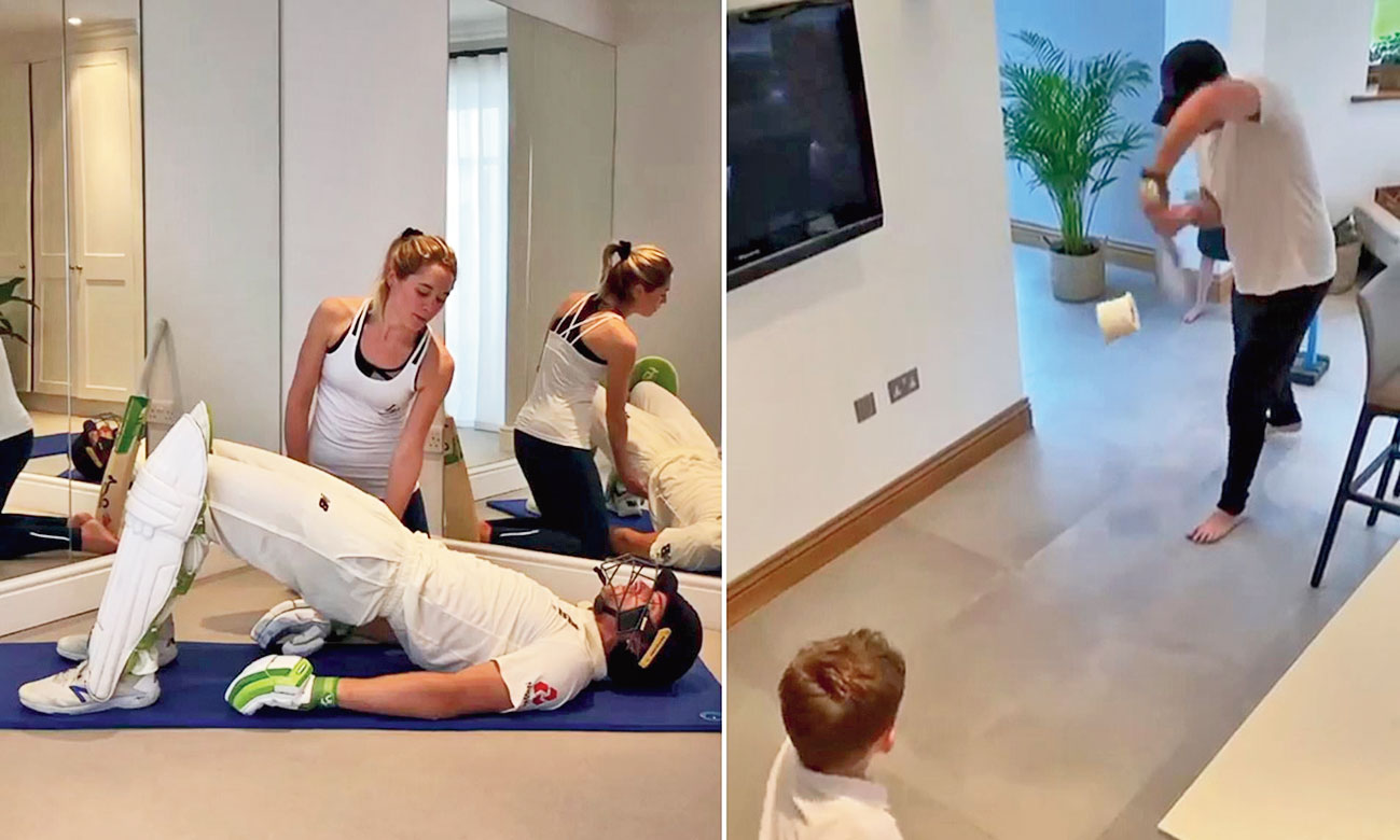 Jos Buttler performs Pilates exercises with his wife in full whites while (right) Ian Bell cover drives a toilet roll for four 
