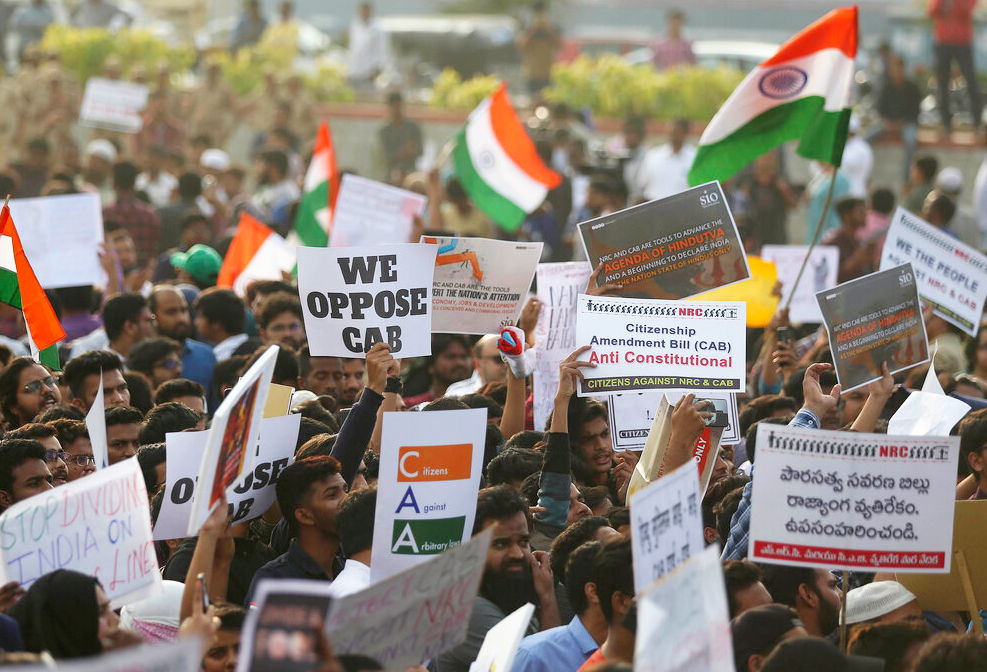 Protesters shout slogans demanding the withdrawal of the Citizenship Amendment Act and National Register of Citizens in Hyderabad.