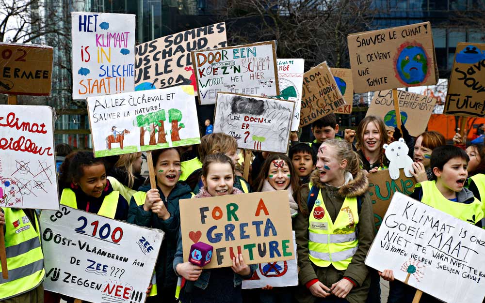 School students at a climate change protest, in Brussels, on February 21, 2019.
