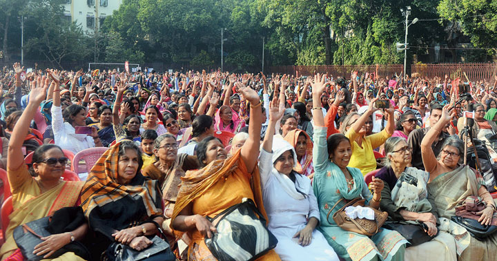 The participants at the women’s conference on Tuesday chant “Hamein nyay chahiye, anyay nahi”