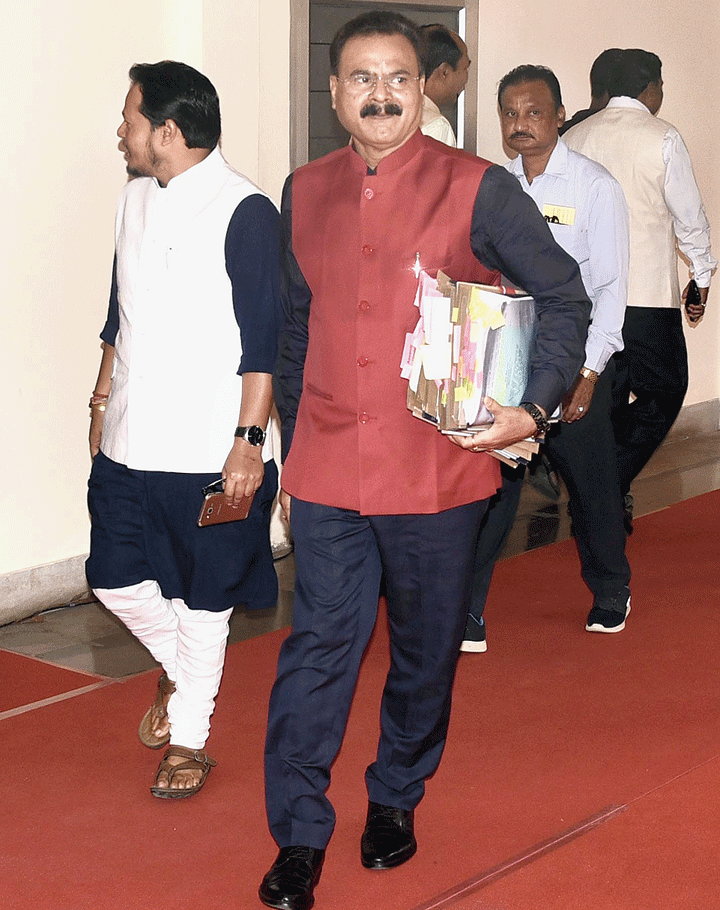 Chandra Mohan Patowary arrives at the Assembly on Saturday. 