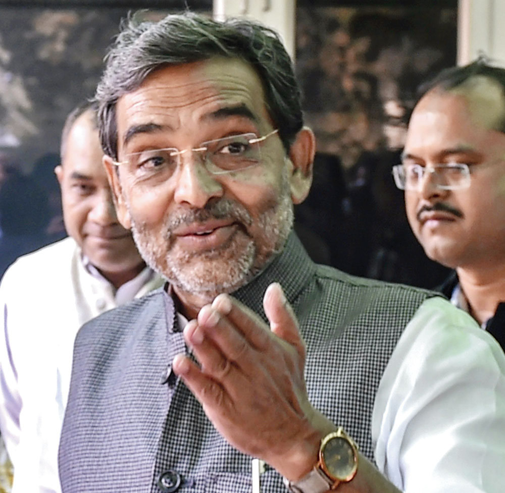 Playing martyr: RLSP chief Upendra Kushwaha arrives to address the news meet in New Delhi on Monday, December 10, 2018.