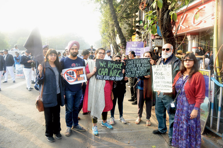 Abeer Chakravarty (second from right), a retired advertising professional, was standing near the KC Das outlet with family and friends. “This is like a family outing, but one of protest. The present situation is worse than the Emergency,” he said