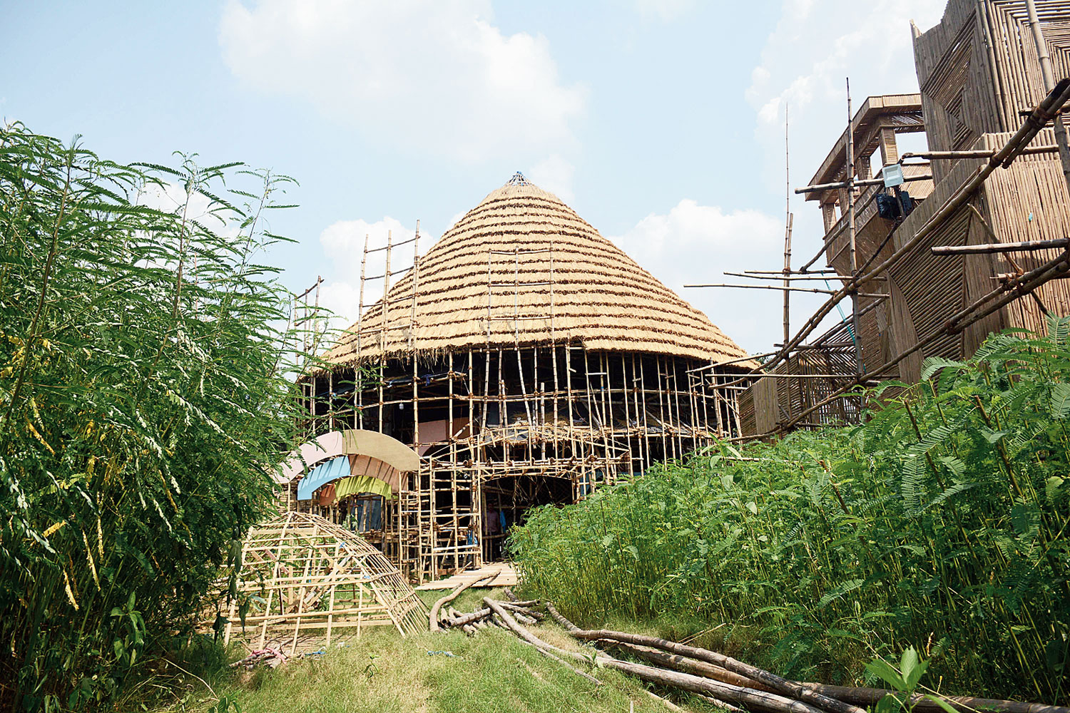 Forest cover: The cane and bamboo pandal hemmed in by a jungle at Jairam Youth Sporting Club in Adityapur inspired by Africa.