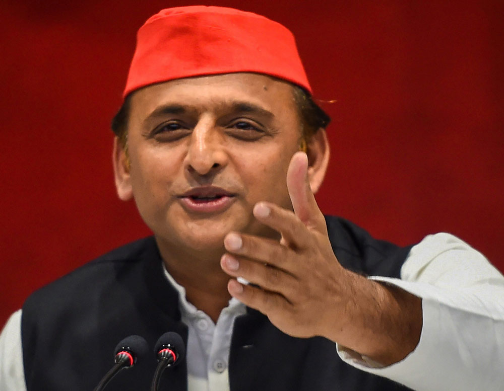 Samajwadi Party president Akhilesh Yadav addresses a press conference at the party office in Lucknow on Monday.
