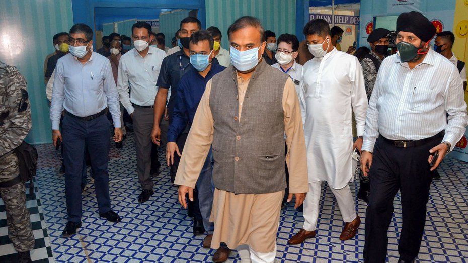 Assam State Finance Minister Himanta Biswa Sarma reviews a quarantine centre setup for COVID-19 patients during the nationwide lockdown, at Sarusojoi Sports Complex, in Guwahati on Monday.

