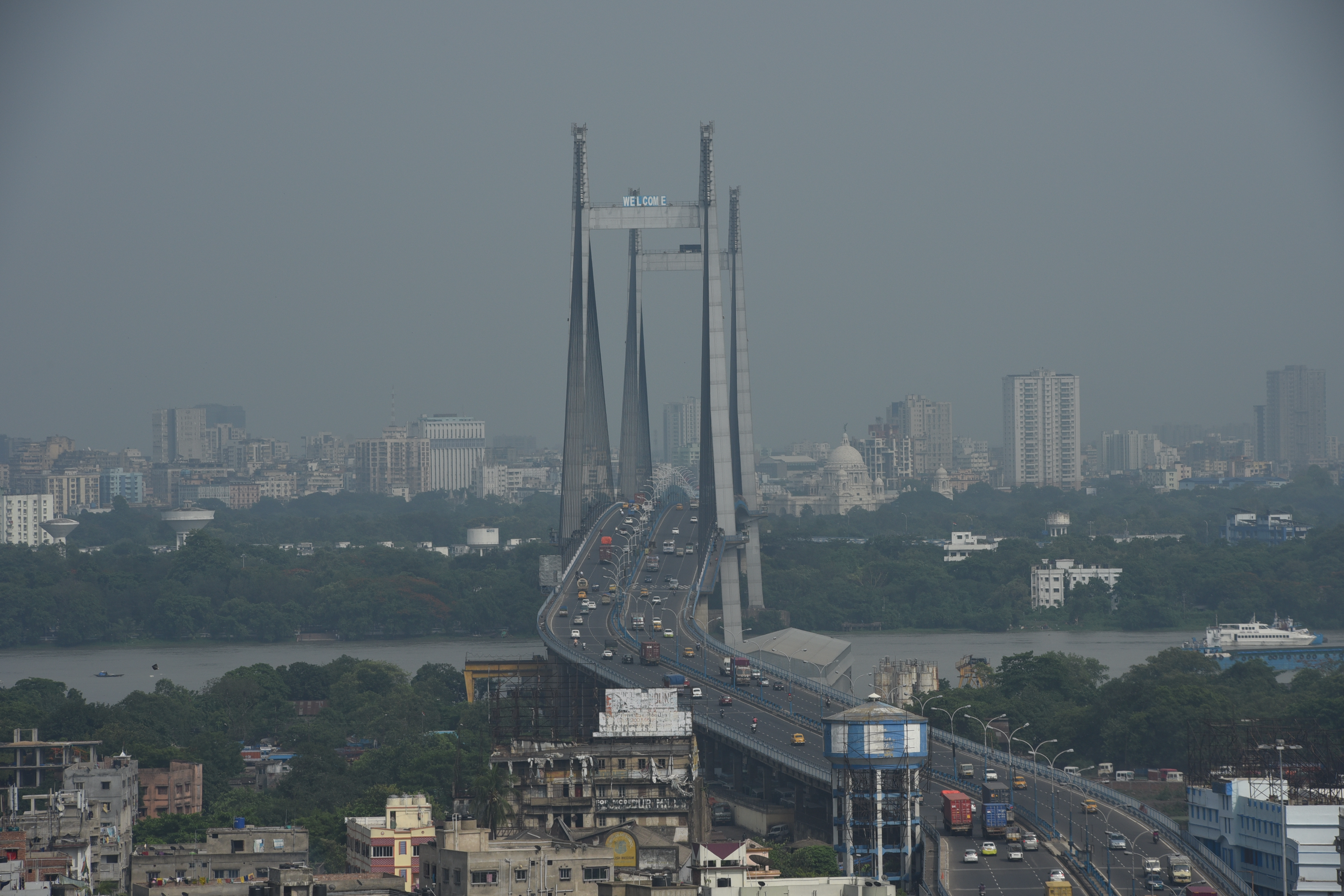 The Calcutta skyline with the Vidyasagar Setu in the foreground and the Victoria Memorial just beyond it, to the right
