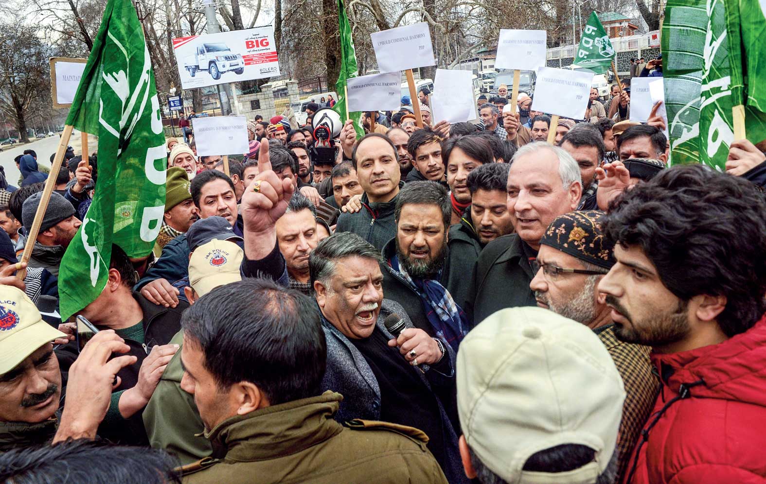 PDP members in Srinagar on Sunday protest against the harassment of Kashmiris. 