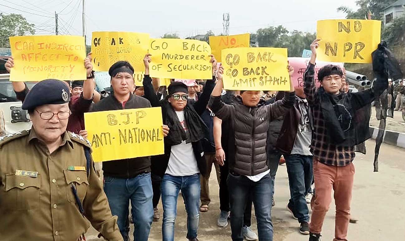 Students opposed to the Citizenship Amendment Act protest during Amit Shah’s visit to Itanagar, Arunachal Pradesh, on Thursday.