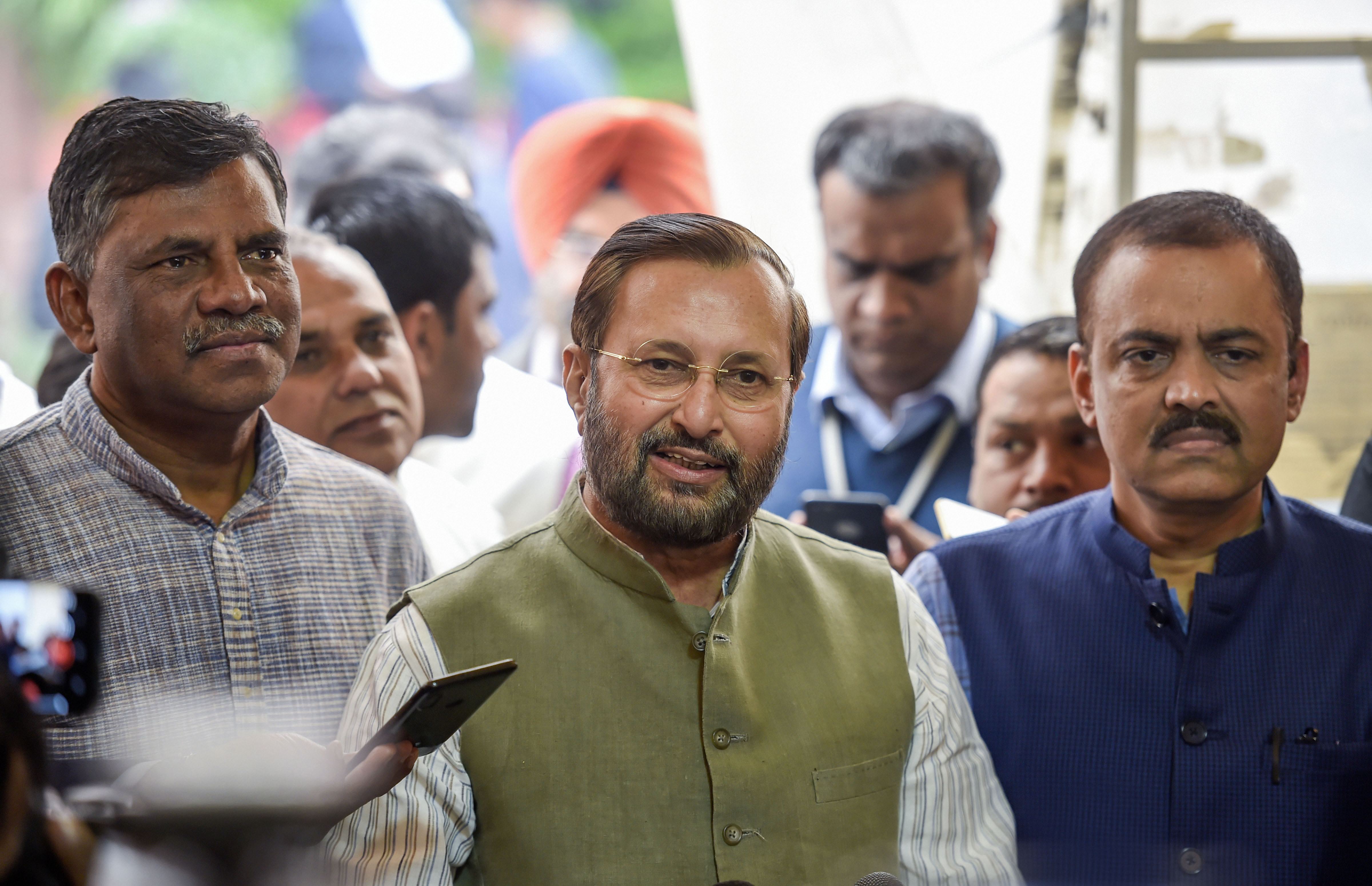 Union information and broadcasting minister Prakash Javadekar addresses media at Parliament during the ongoing winter session, in New Delhi, Thursday, December 5, 2019.