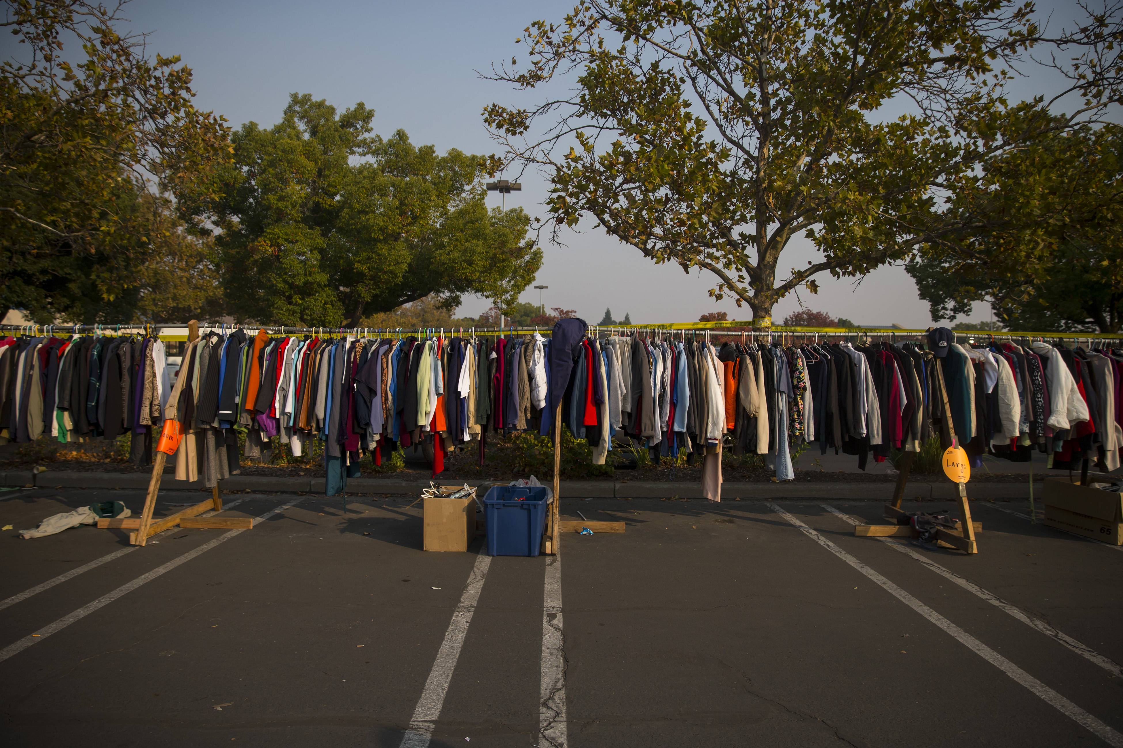 Clothes line racks at a distribution centre in the parking lot of a Target in Chico, California.