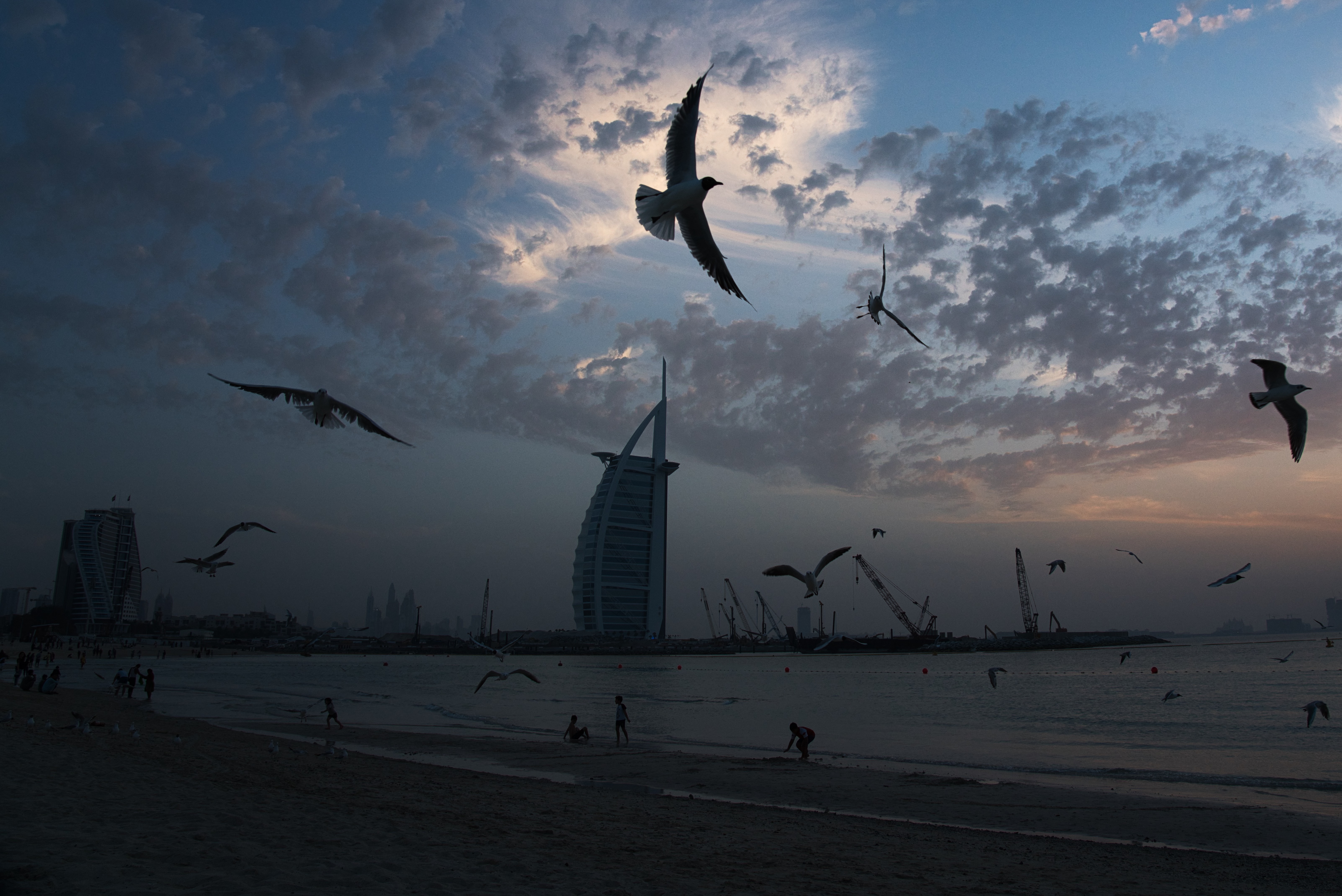 Seagulls soar over those gathered on a beach in front of the luxury Burj Al Arab hotel despite the global new coronavirus pandemic in Dubai, United Arab Emirates on Friday