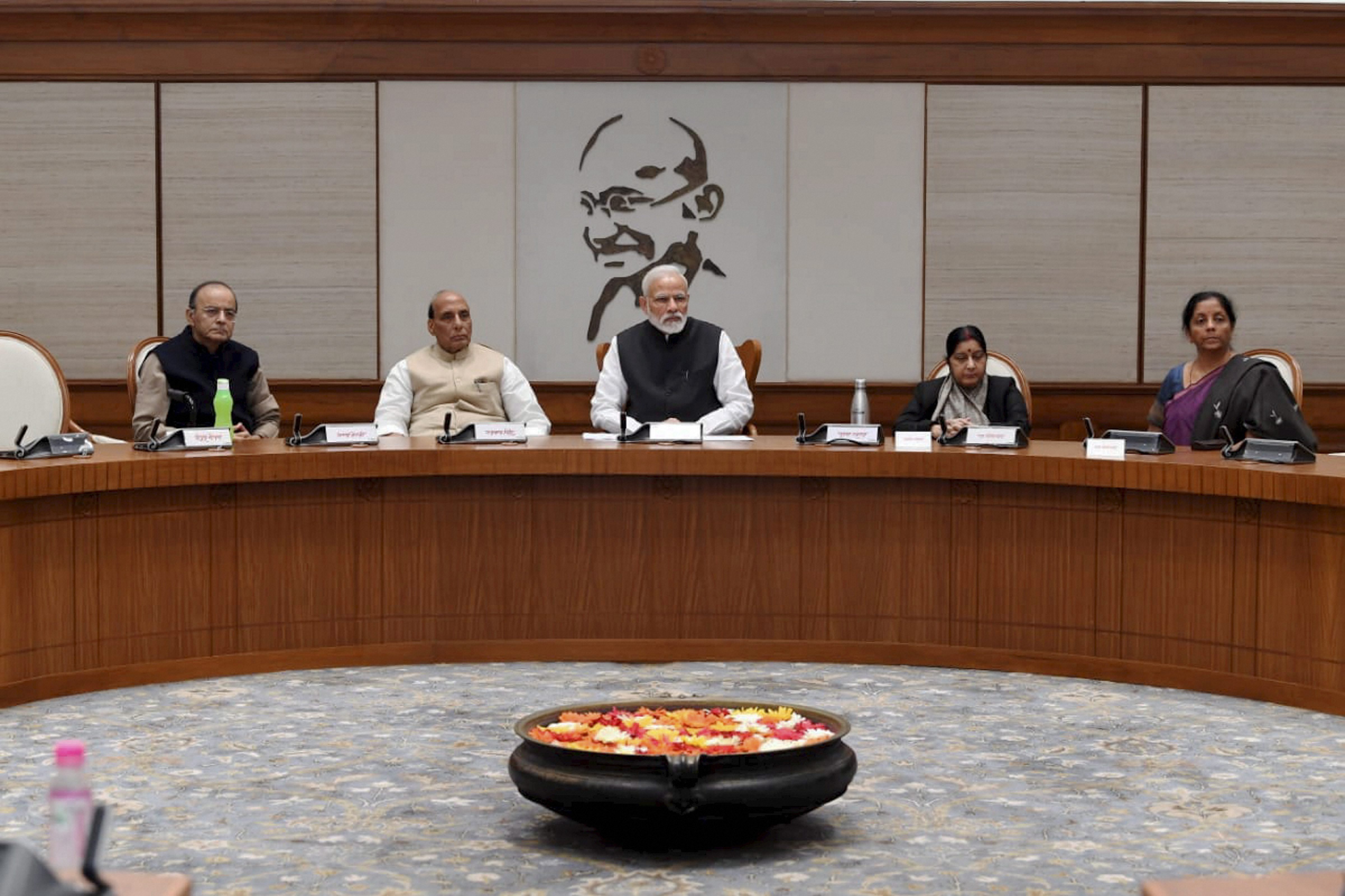 (From left) Finance minister Arun Jaitley, home minister Rajnath Singh, Prime Minister Narendra Modi, external affairs minister Sushma Swaraj and defence minister Nirmala Sitharaman during a Cabinet Committee on Security meeting to discuss the Pulwama terror attack.