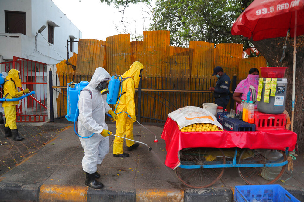 Disinfectants is sprayed as a precautionary measure against Covid-19 in Hyderabad on Friday