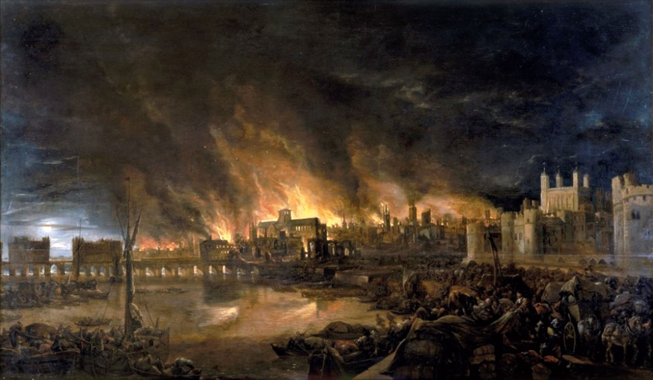 A painting of the Great Fire of London of 1666.