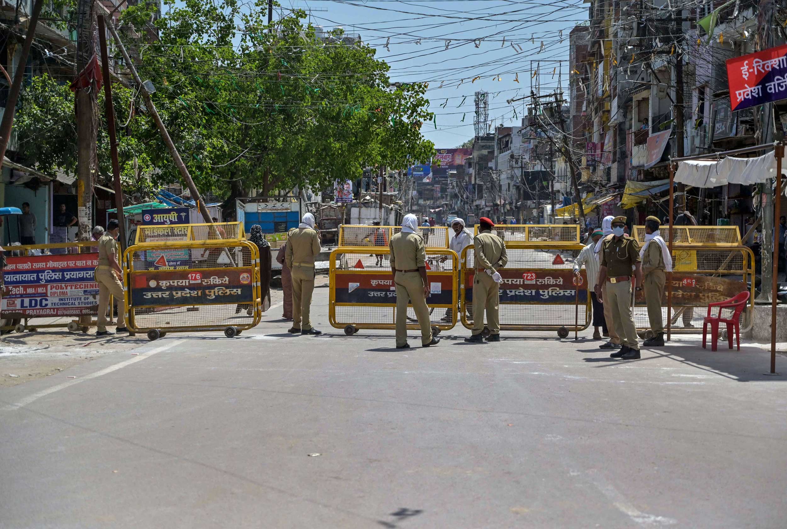 UP cops place barricades in old city after several Covid-19 cases were found in Allahabad on Monday.