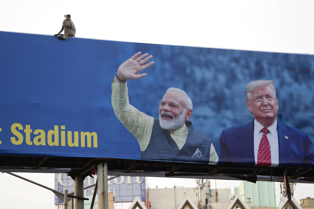 A monkey sits on a hoarding welcoming U.S. President Donald Trump ahead of his visit to Ahmedabad