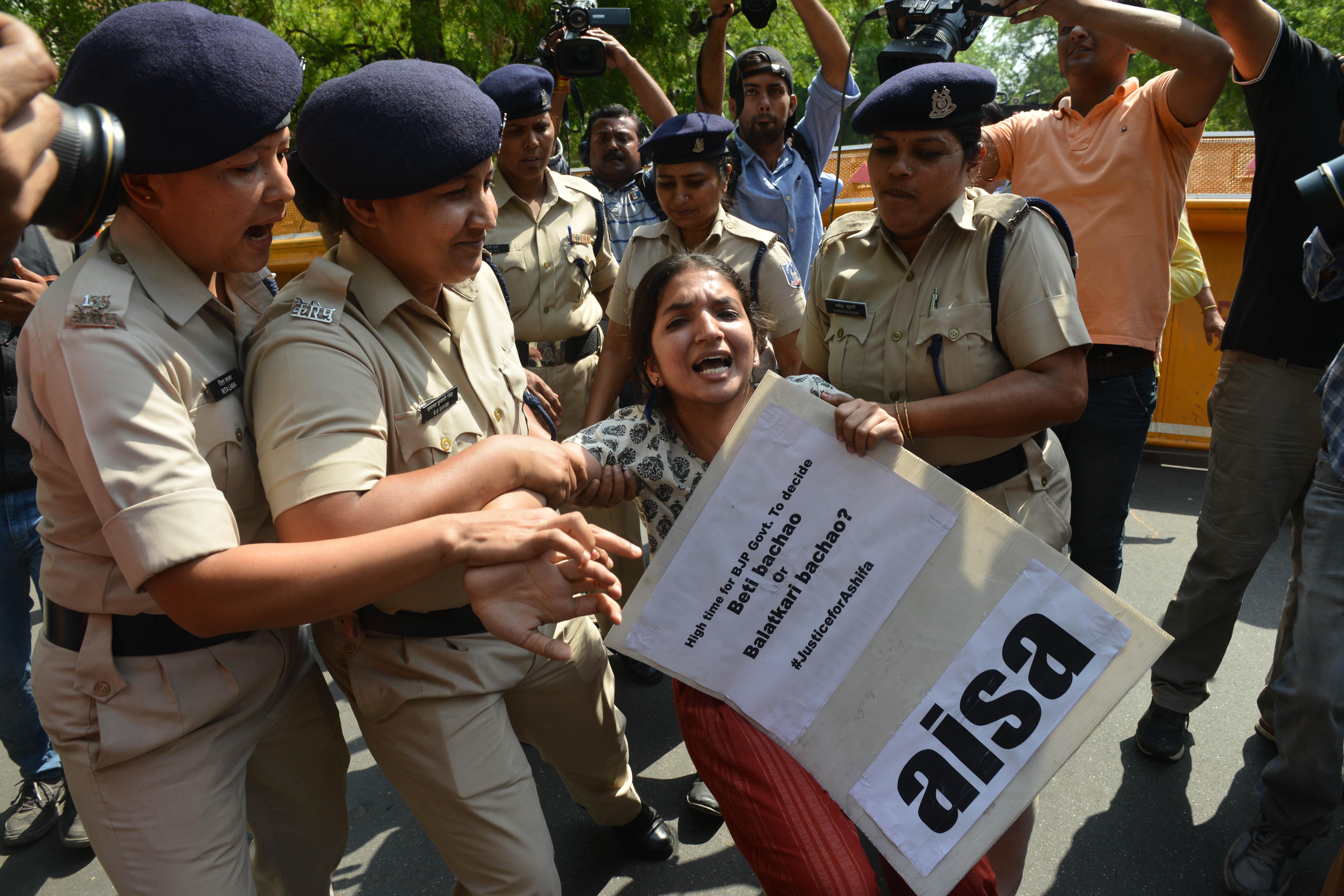 A protester at a demonstration against rape and other crimes against women in New Delhi on April 12, 2018