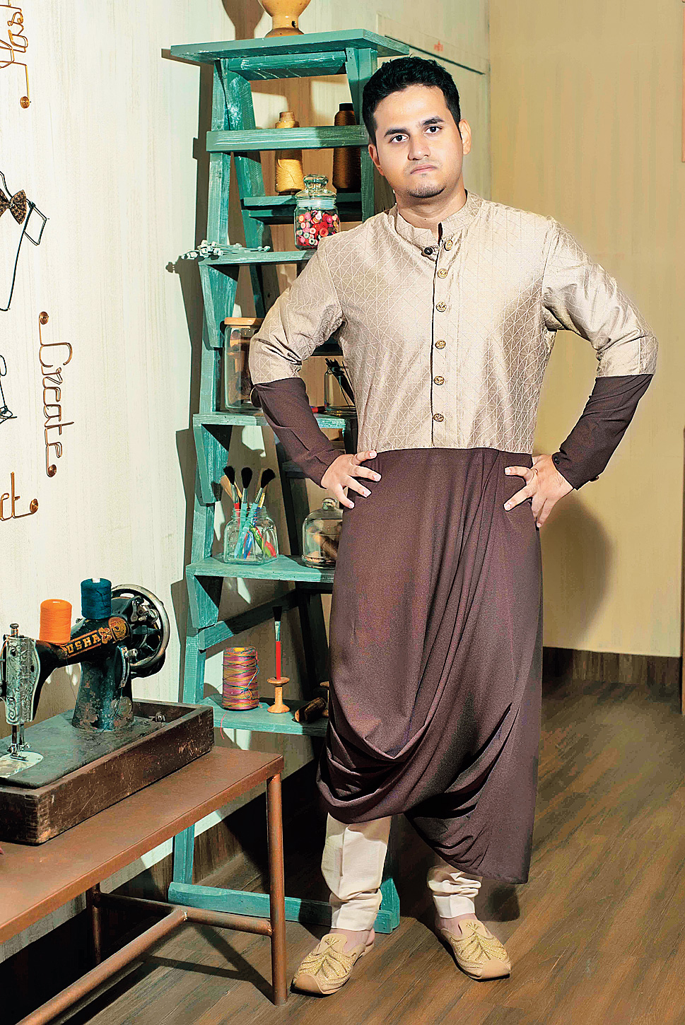 Brown and golden kurta with cowl, also from Crazie Needle. That is the in thing this season.