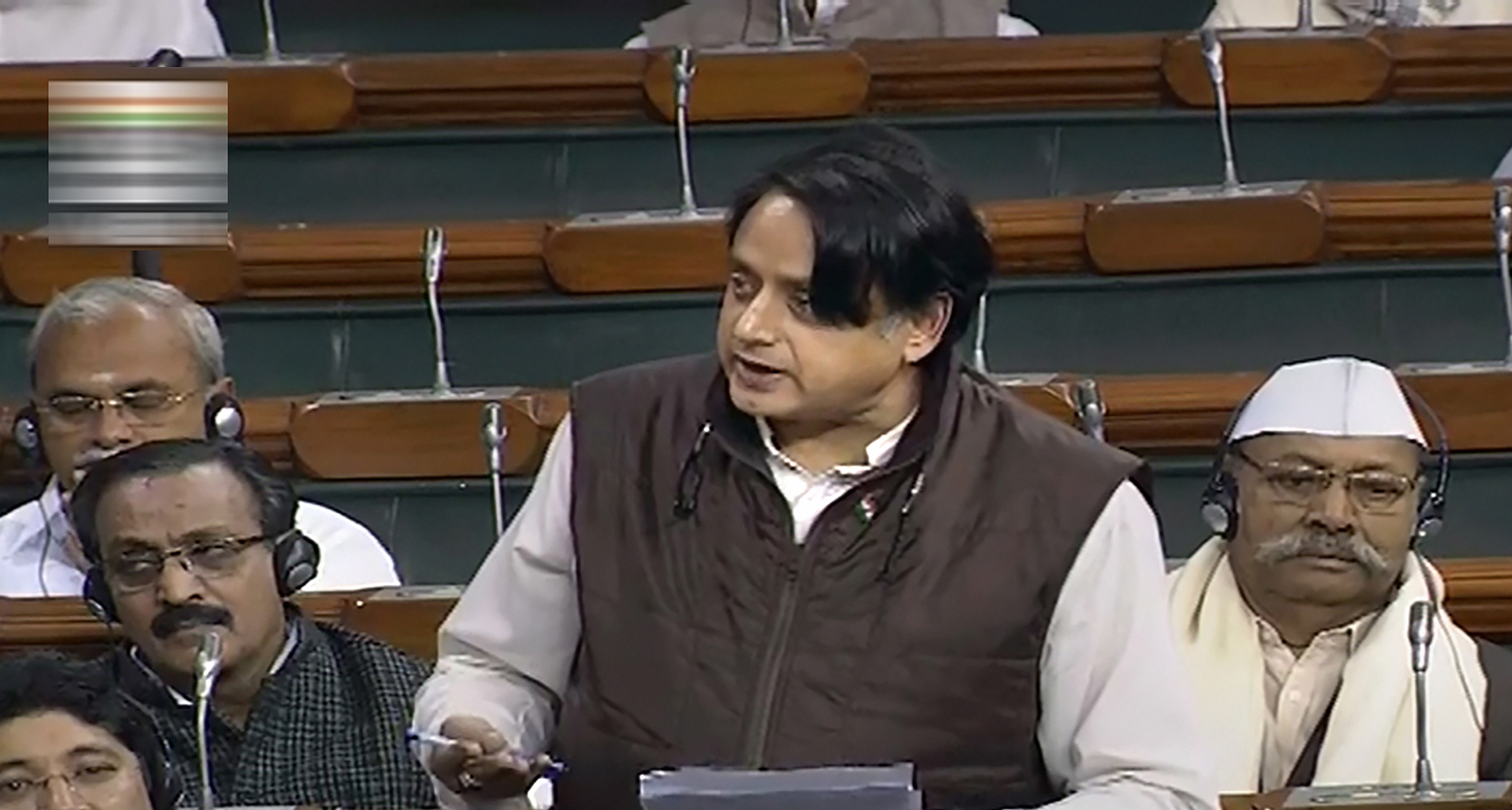 Congress MP Shashi Tharoor speaks in the Lok Sabha during the winter session of Parliament, in New Delhi, Wednesday, December 11, 2019.