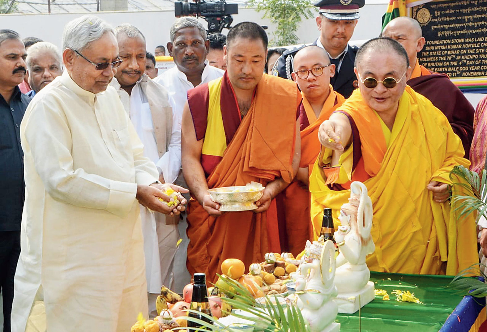 Chief minister Nitish Kumar at the foundation stone laying ceremony for the Bhutanese Temple in Rajgir on Sunday. 

