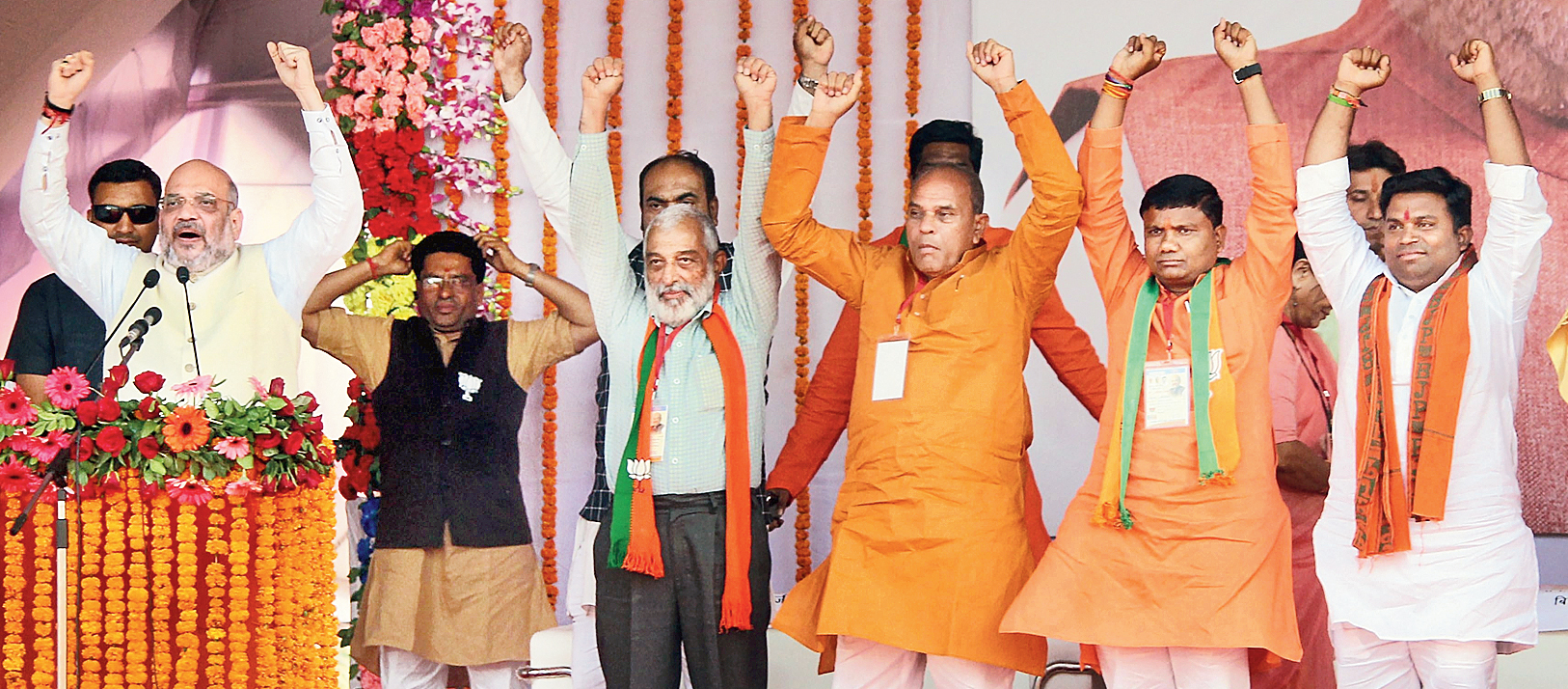 Amit Shah addresses an election rally in Balaghat on Friday ahead of the Madhya Pradesh Assembly elections. 