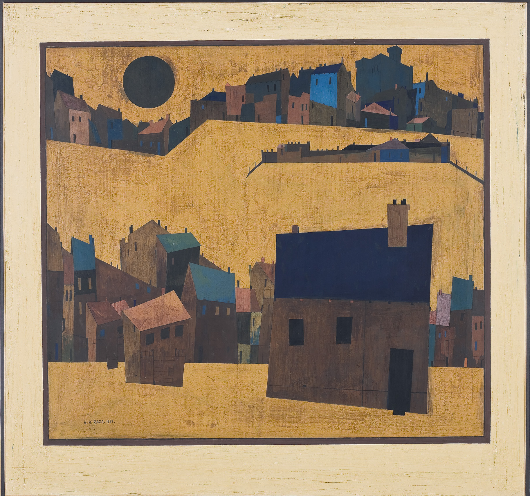 S. H. Raza, Haut de Cagnes, 1951, Gouache on paper.

Painted in 1951 soon after Raza’s arrival in Paris, Haut de Cagnes is a product of the artist’s encounter with Europe.  Two rows of stylized houses cut across the canvas. Except for glimpses of a castle tower, medieval ramparts, the forms are reduced to essential geometric forms. There are no visible signs of human presence. A large black sun hangs over the top left corner of the painting. This would later became the defining bindu motif in Raza’s landscapes. BHT