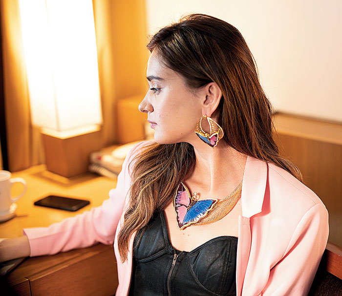 Pink, red and blue opal are used with amethyst to create this Butterfly set that is studded with diamond and 18-carat gold. We loved the spurt of colours, the butterfly motif and the contemporary girlie design.