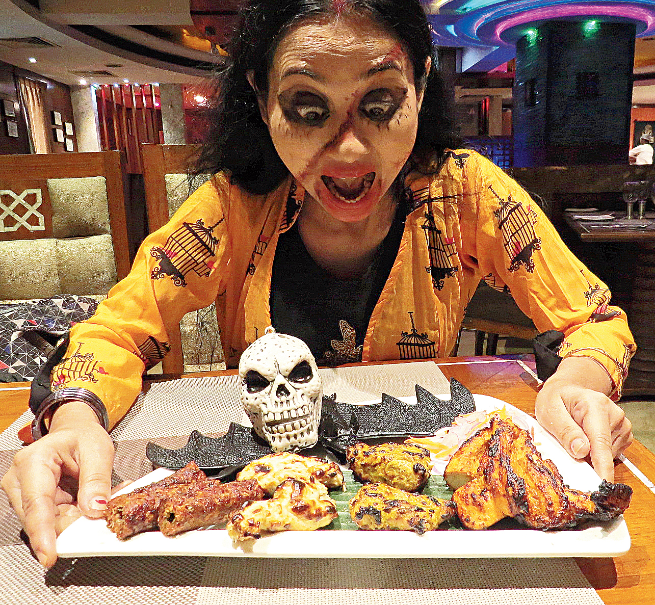 Panchali Dutta poses with the Halloween-special kebab platter.