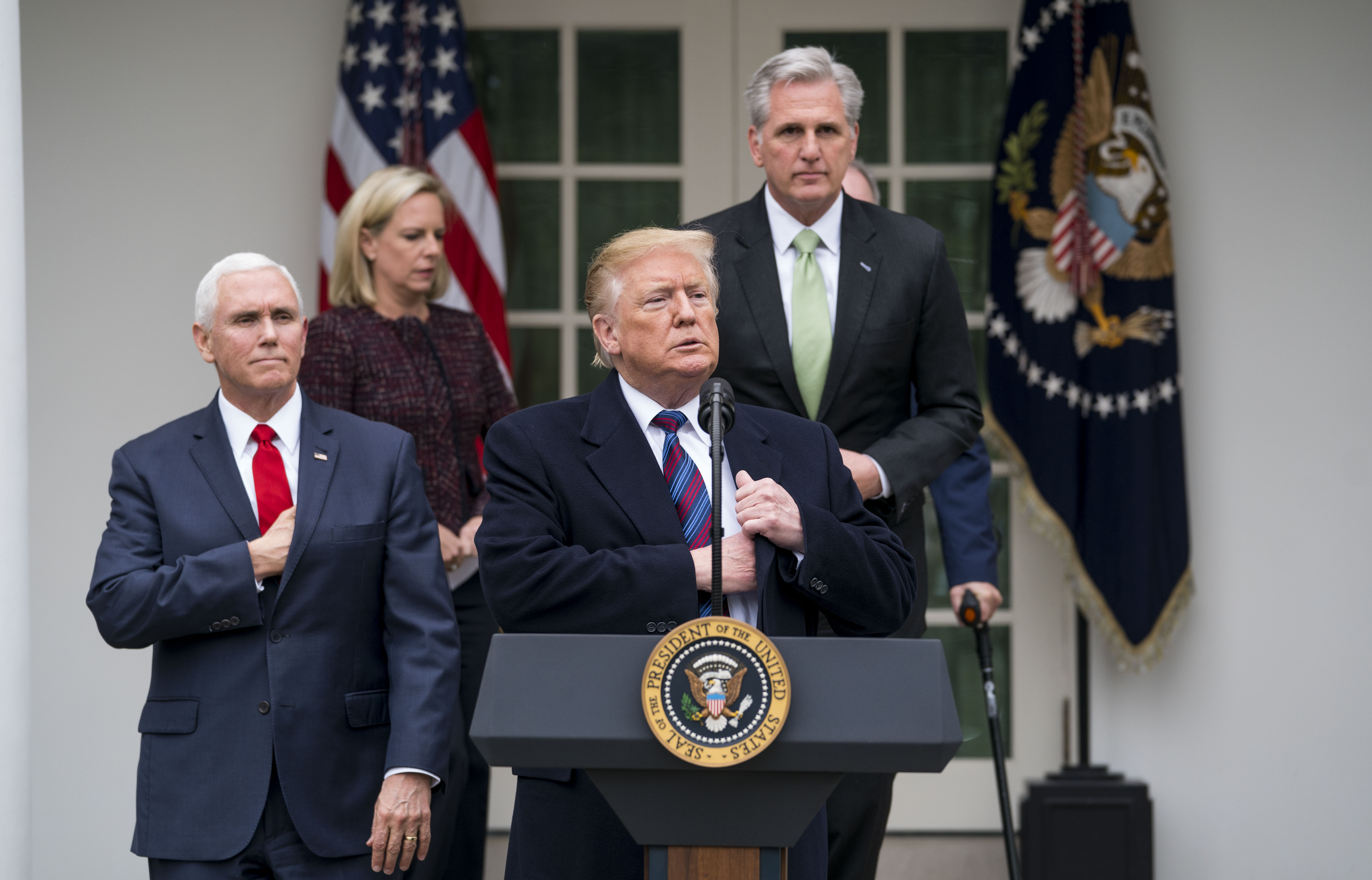Donald Trump speaks at a news conference after a meeting with Democrats regarding the partial government shutdown, at the White House on Friday.
