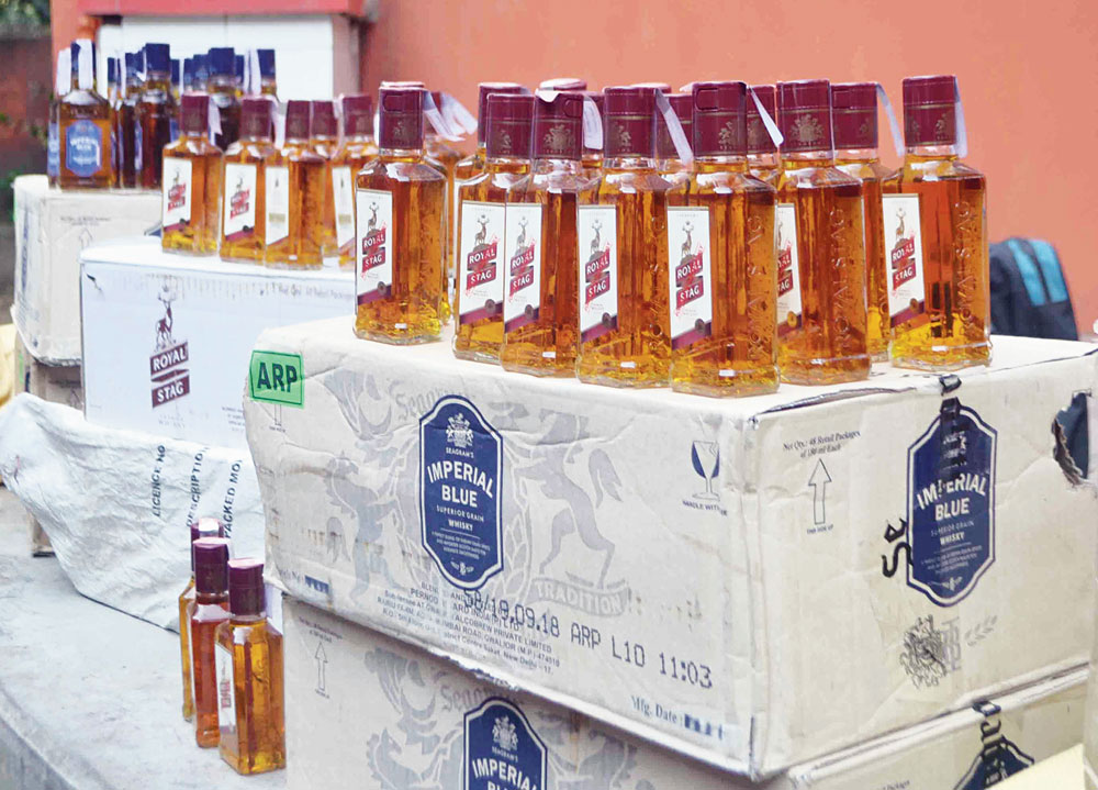 Confiscated liquor at the excise office in Sakchi, Jamshedpur, on Monday