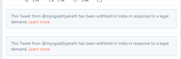 The tweet blocker on Yogi Adityanath's Twitter handle.