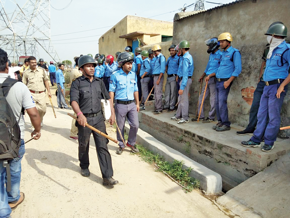 Police patrol Patshaora village on Tuesday