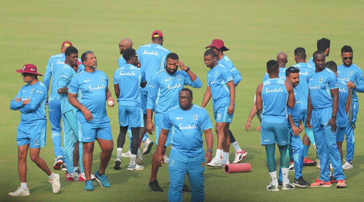 West Indies' cricketers attend a training session ahead of their third one-day cricket match against India, in Cuttack