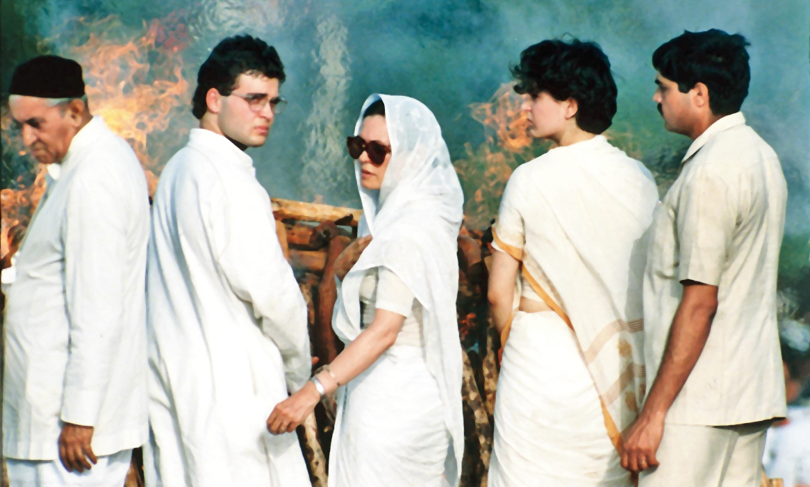 MAY 24, 1991: Rahul, Sonia and Priyanka at the funeral of Rajiv Gandhi, who was assassinated on May 21, 1991, seven years after his mother Indira Gandhi was gunned down. In 1989, the VP Singh government had withdrawn outgoing Prime Minister Rajiv Gandhi’s SPG cover