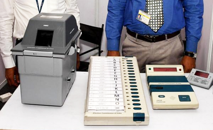 Electronic Voting Machines and VVPAT machines being demonstrated at a meeting organised by the Election Commission of India in New Delhi.