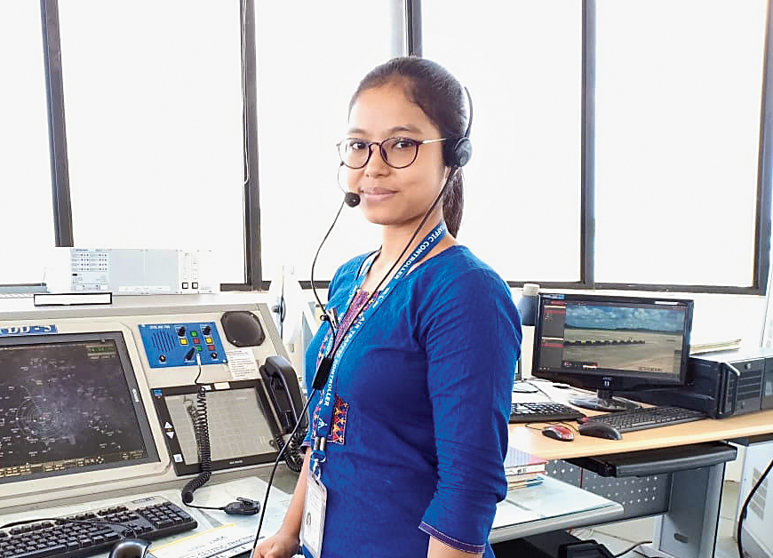 Bipasha Hrangkhwal at her air traffic control station. 
