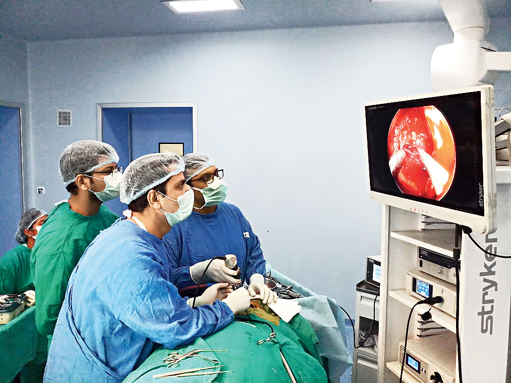 AIIMS doctors conduct the endoscopic brain surgery on the 60-year-old patient on Friday. 