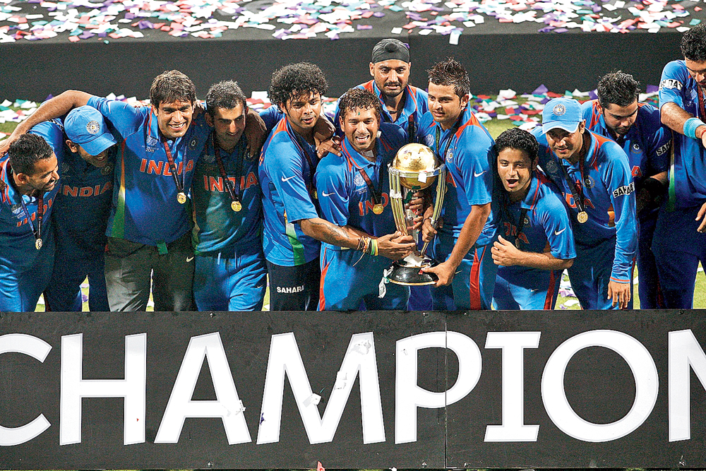 Team India after the 2011 ICC Cricket World Cup win at the Wankhede Stadium in Mumbai