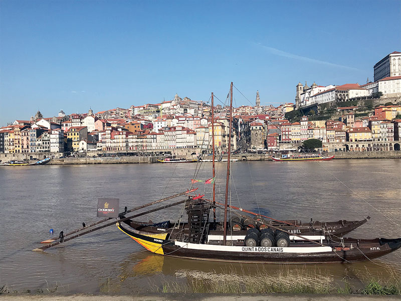 These old-fashioned boats are still used to transport barrels of port wine. The city of Porto is in the background