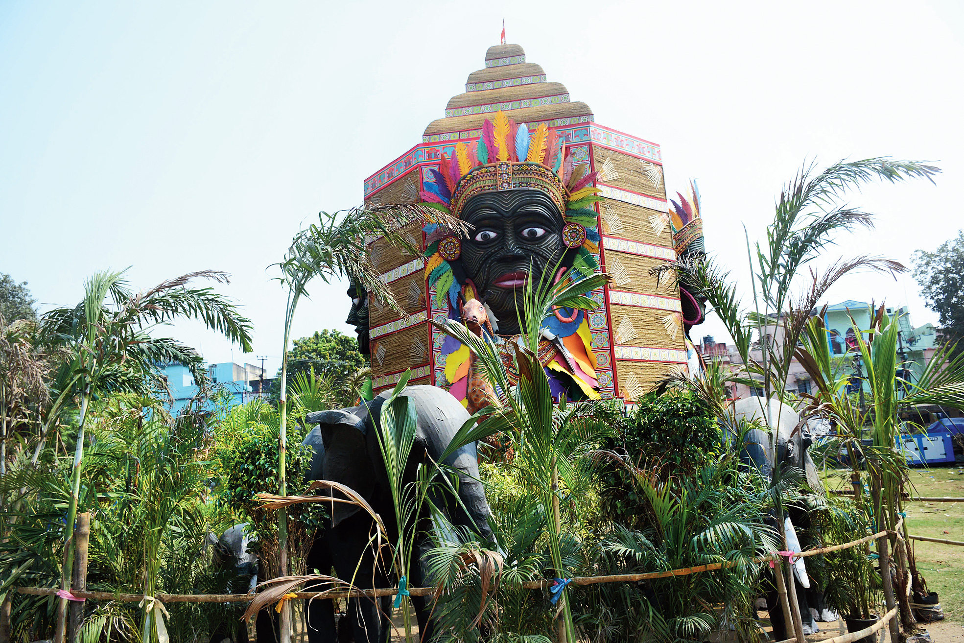 Ethnic avatar: The pandal of Navyuvak Kali Puja Samiti in Chhota Govindpur, near Jamshedpur, on Tuesday. Artisans from East Midnapore erected this 60ft cane-and-bamboo structure in a month. The pandal is inspired by tribal worship in Africa.