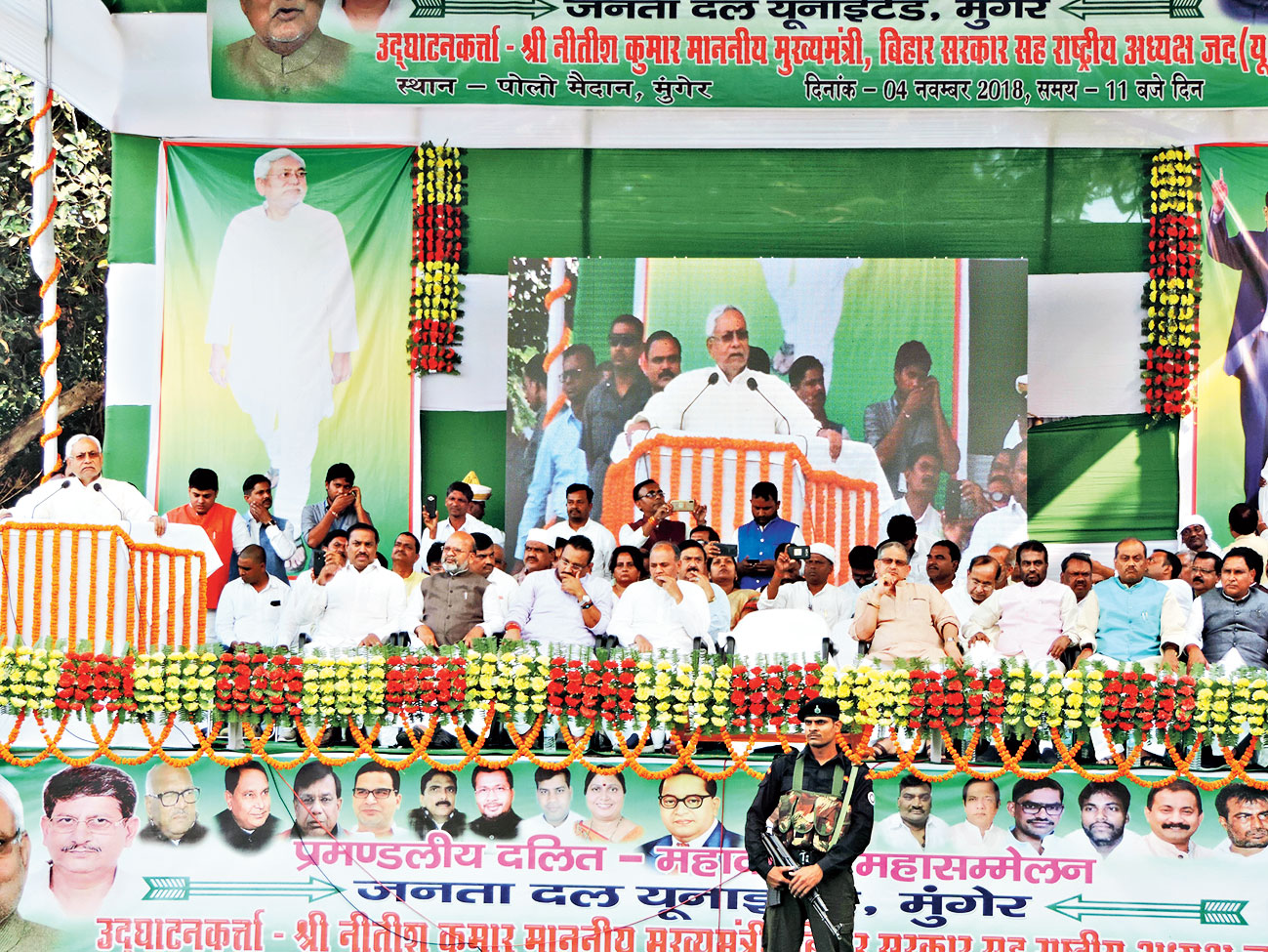 Chief minister Nitish Kumar (left) addresses the public meeting in Munger on Sunday. 
