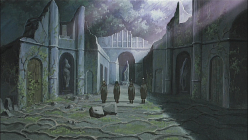 Four Haibane gather after Kuu's Day of Flight, when a Haibane is freed from her mortal body, disappearing into a streak of light that shoots through the sky. The Haibane believe that it is a joyful day for those who take flight, but it leaves Rakka inconsolable, as she cannot come to terms with the loss of her friend.