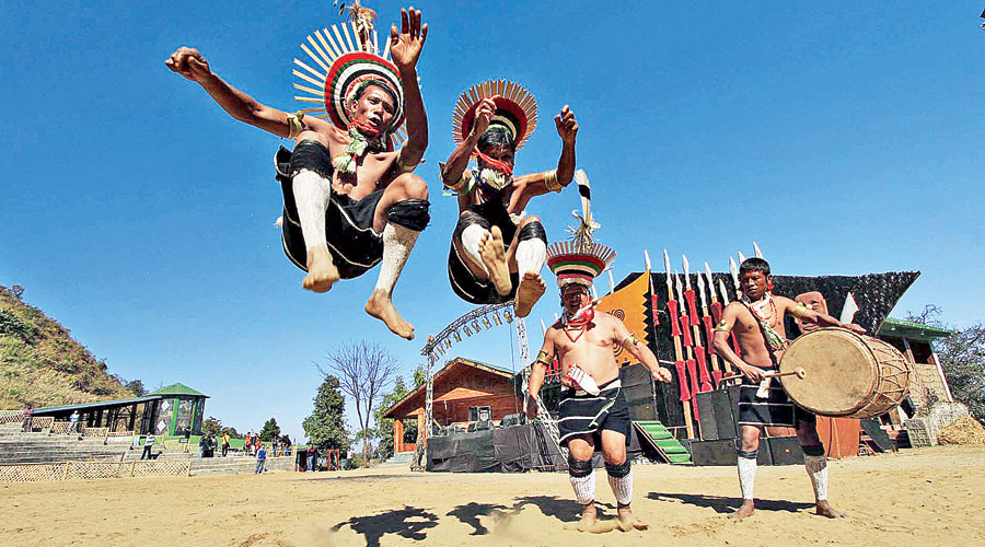 Zeliang Naga tribals perform a traditional dance at the Hornbill Festival.