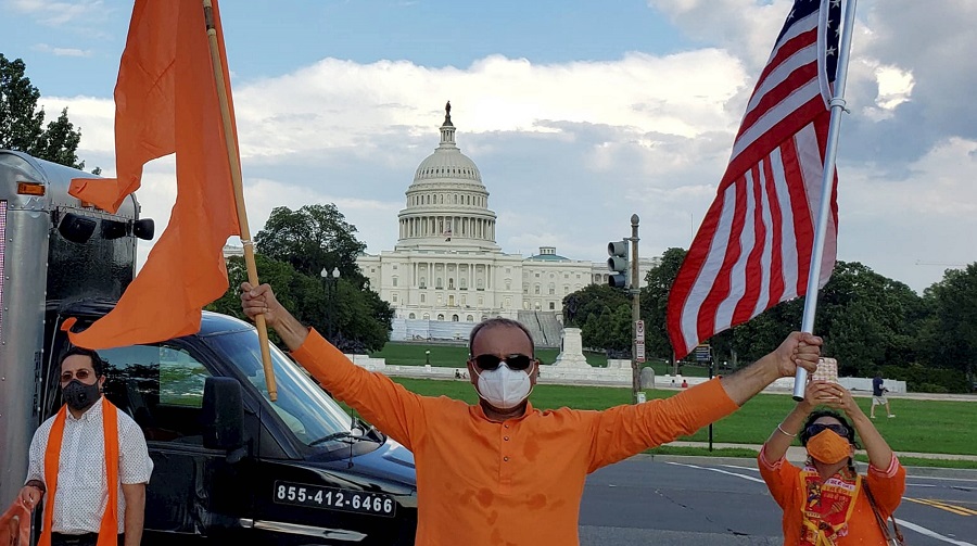 Indian community people take out a tableau on Ayodhyas Shri Ram Mandir around the US Capitol Hill to celebrate the ground breaking occasion of the temple, in Washington on Tuesday