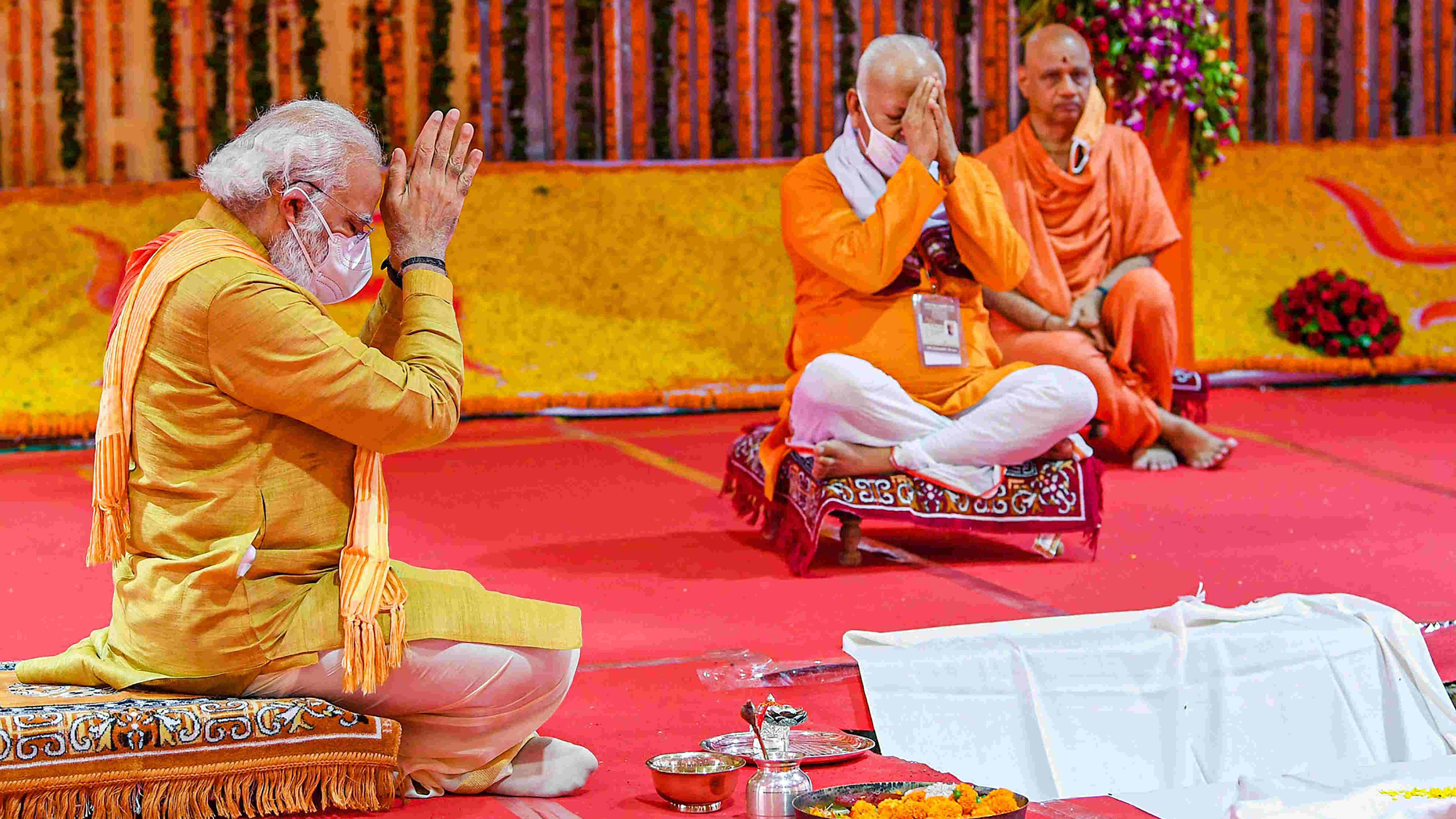 Narendra Modi with RSS Chief Mohan Bhagwat performs Bhoomi Pujan at ‘Shree Ram Janmabhoomi Mandir’, in Ayodhya, Wednesday, Aug 5, 2020.