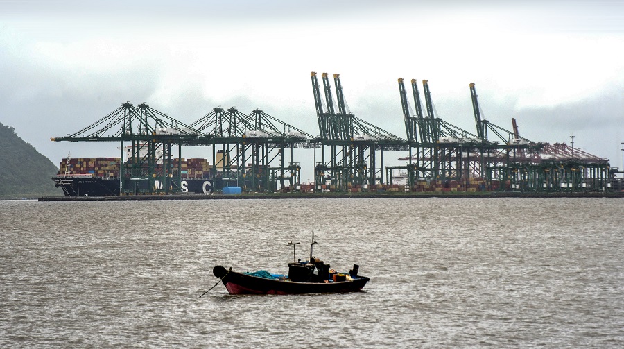 View of Jawaharlal Nehru Port Trust (JNPT), after three cranes collapsed following heavy wind and rainfall, in Navi Mumbai on Thursday