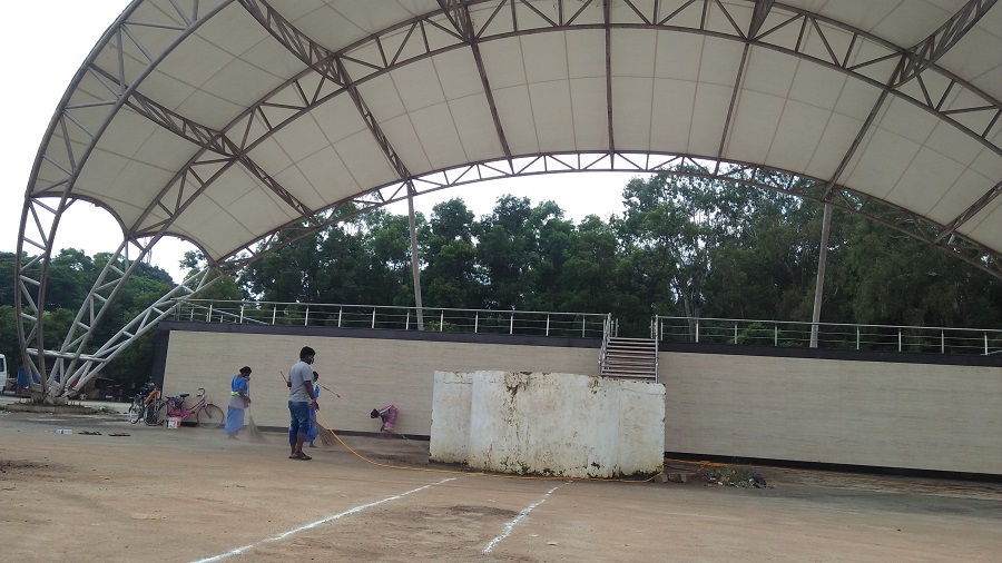 RMC workers sanitise main stage at the Morabadi ground on Sunday ahead of the Independence Day programme