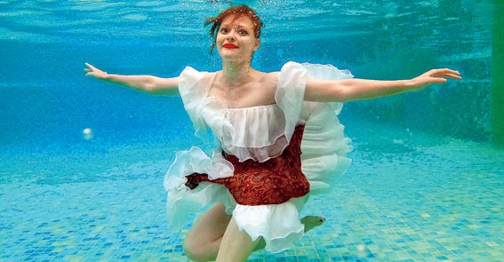 Solveig teamed a chanderi cold-shouldered ruffled crop top with a tribal-printed asymmetrical skirt with chanderi ruffles and hand-embroidered yoke. “I had seen underwater shoot pictures, and I found them ethereal. It had a touch of mythology feel to it. The body weight is different under water and also the postures are different. It gives different life to the fabrics. Holding onto the poses and having a composed face was difficult,” said Solveig.